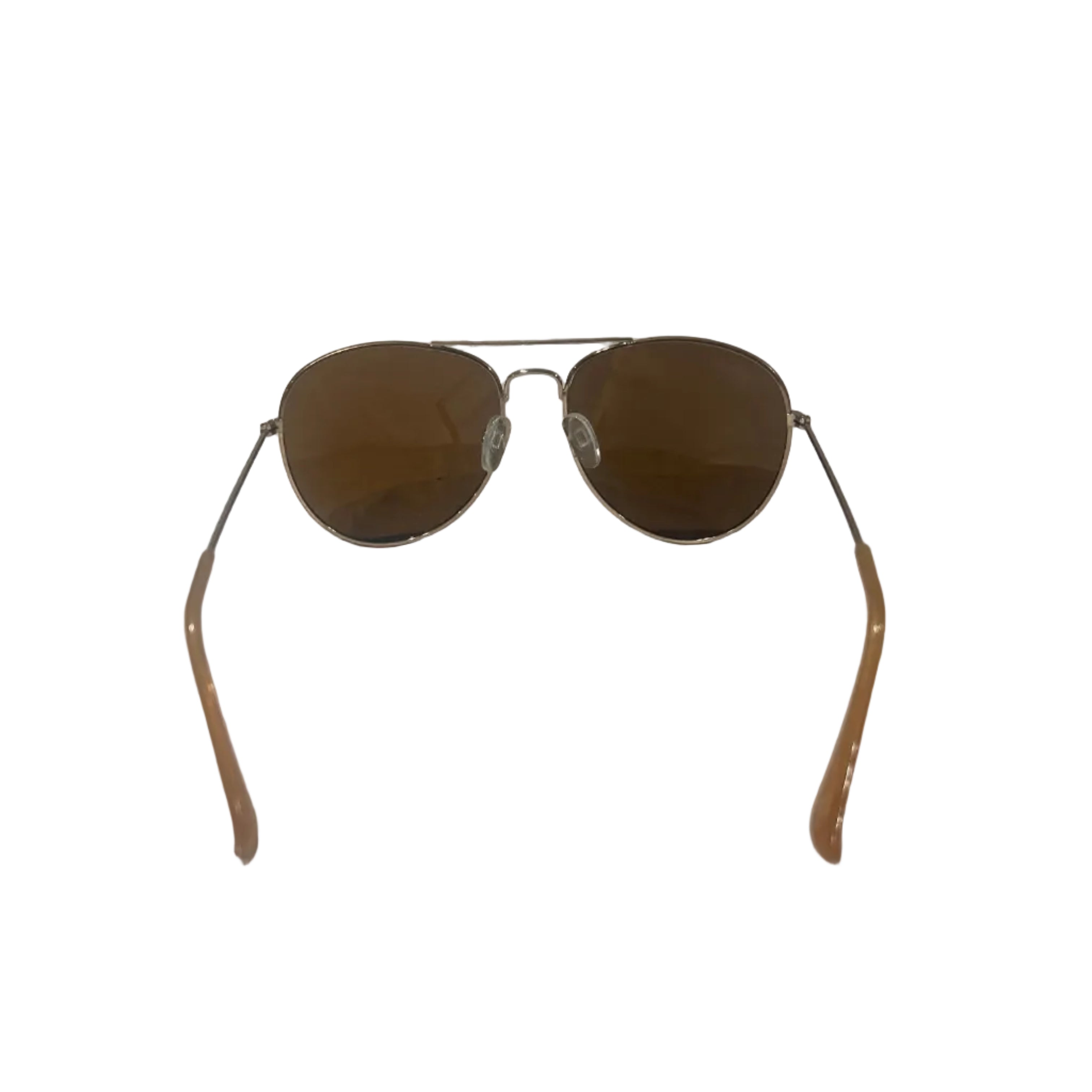 Sunglasses with brown lenses and gold frames on a white background