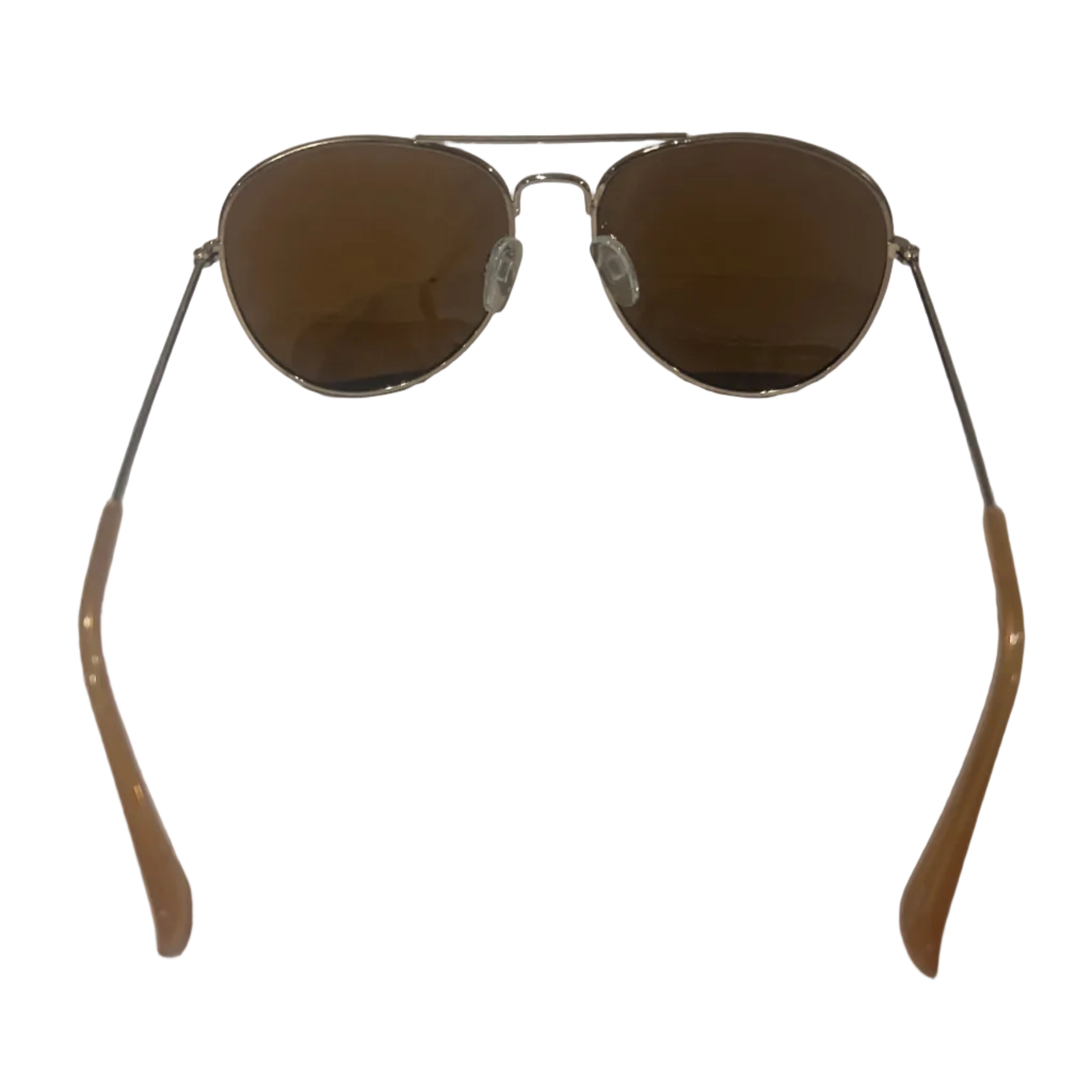 Sunglasses with brown lenses and gold frames on a white background