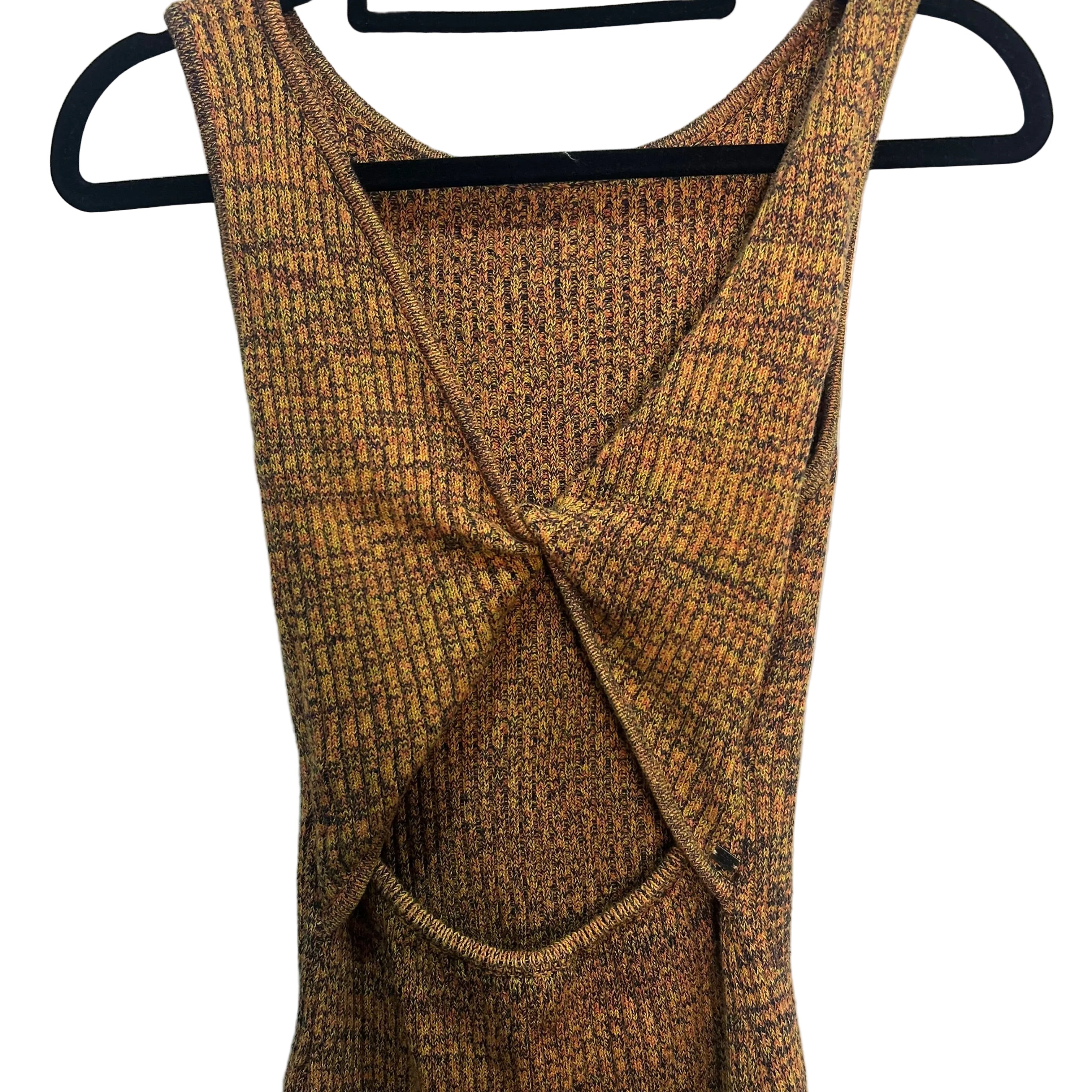 Brown ribbed tank top on a hanger against a white background