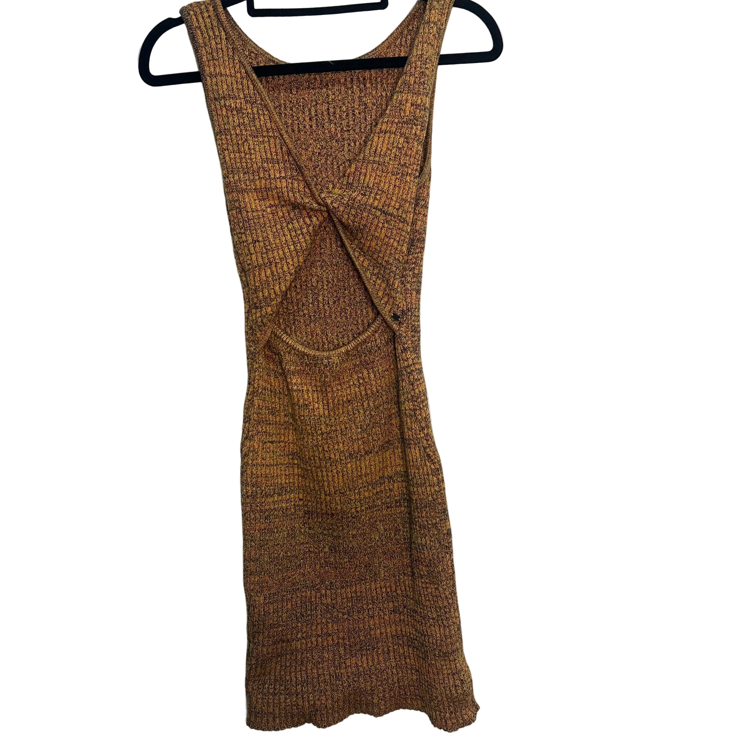 Brown knitted dress on a hanger against a white background