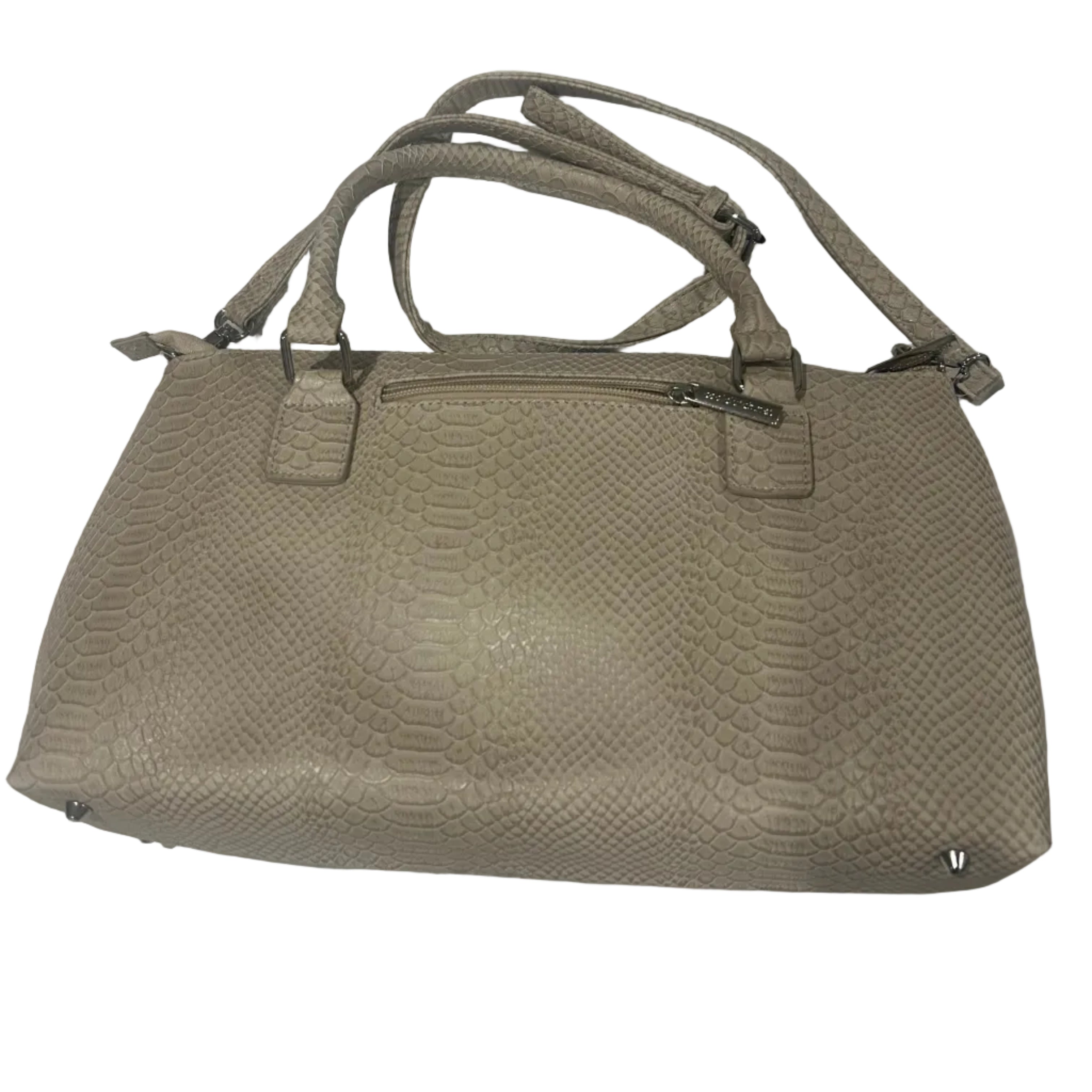 Beige textured handbag on a white textured surface