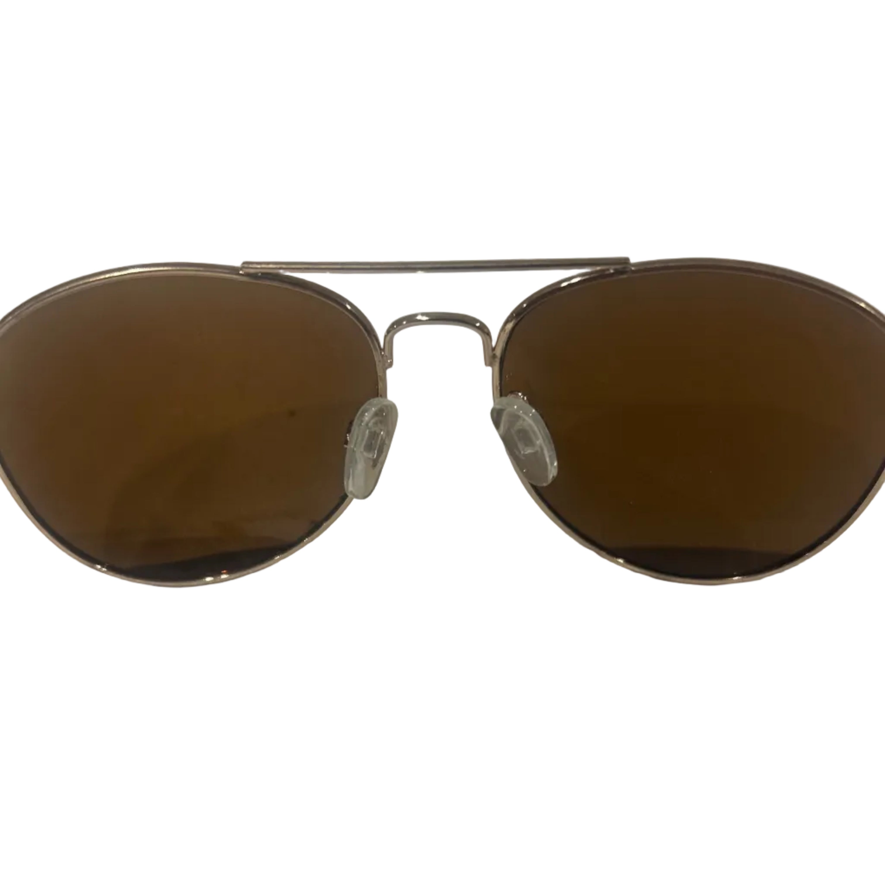 Sunglasses with brown lenses and silver frames on a white background