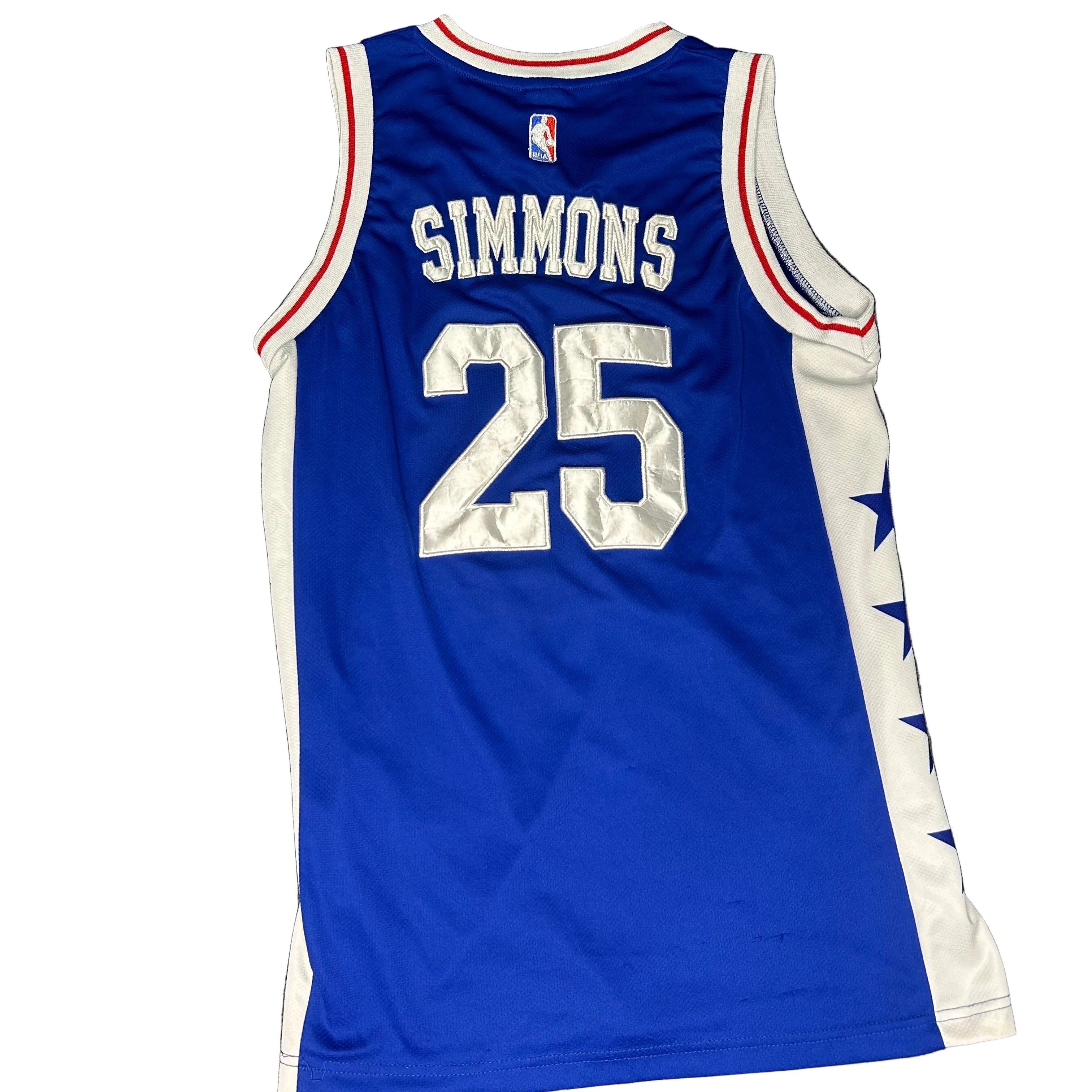 Blue basketball jersey with 'Simmons' and number '25' on a gray background