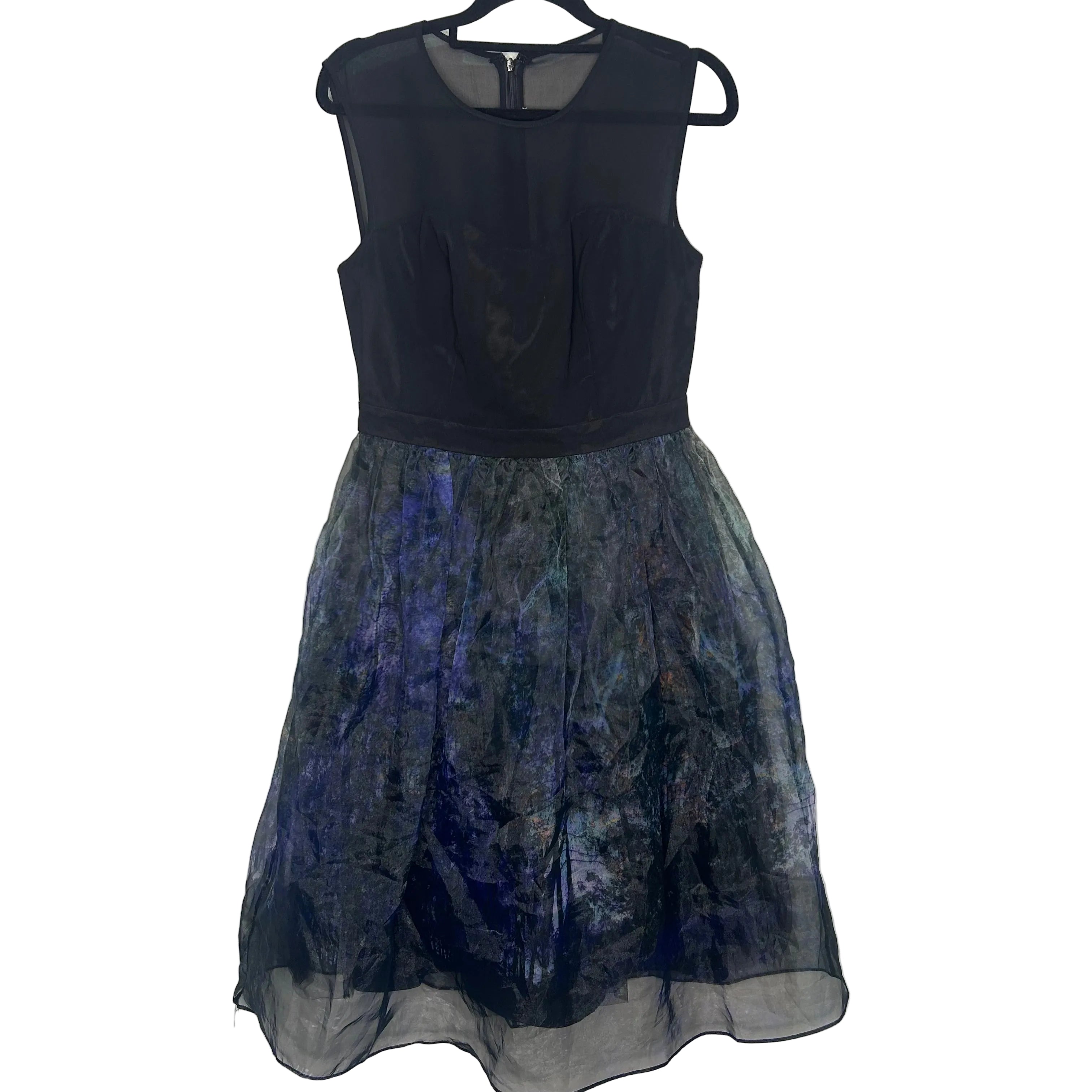 Black dress with blue floral pattern on a white background