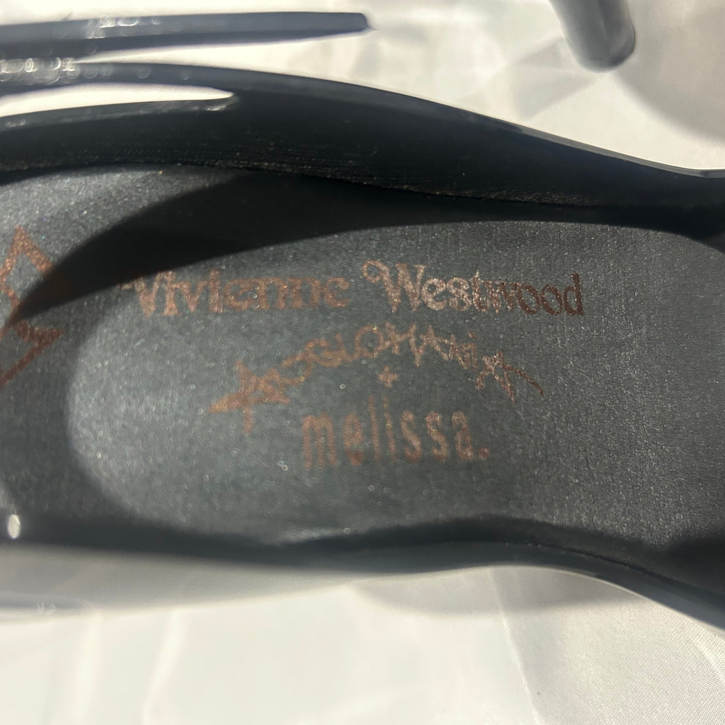 Close-up of a sandal sole with 'Vivienne Westwood' branding on a light background
