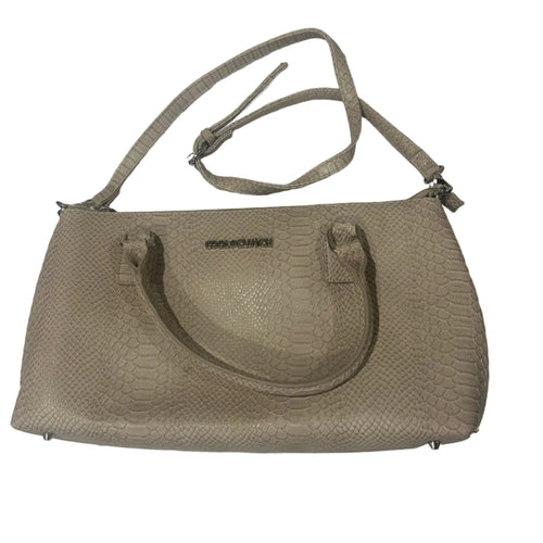 Beige handbag with a strap on a white textured surface